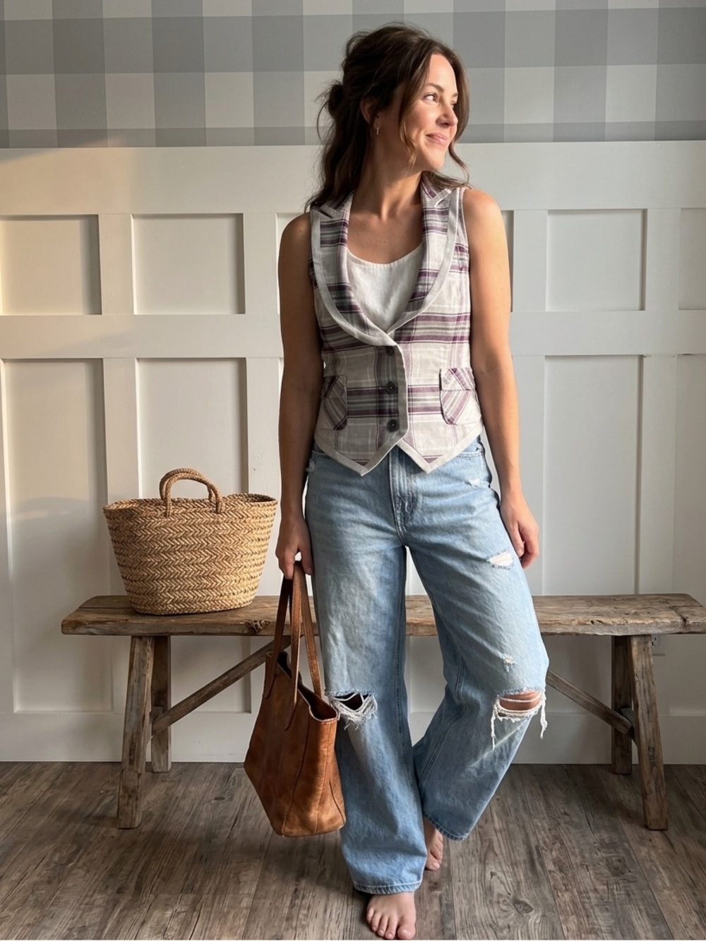 Plaid Sleeveless Tailored Vest - Purple and Gray XL